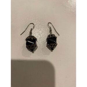 Sterling Silver Black Onyx Earrings – Double-Sided Design with Bead Accents